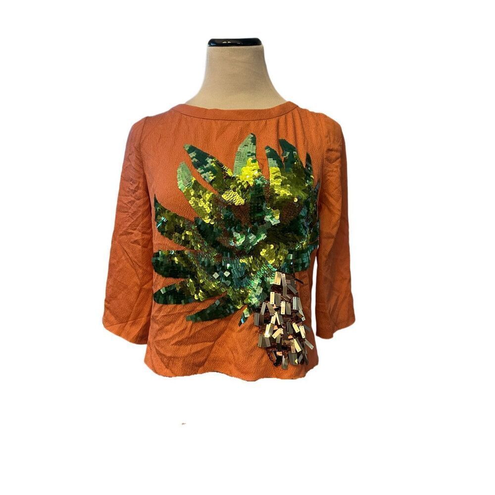 Tracy Reese Coral Top With Sequin Palm Tree Sz M